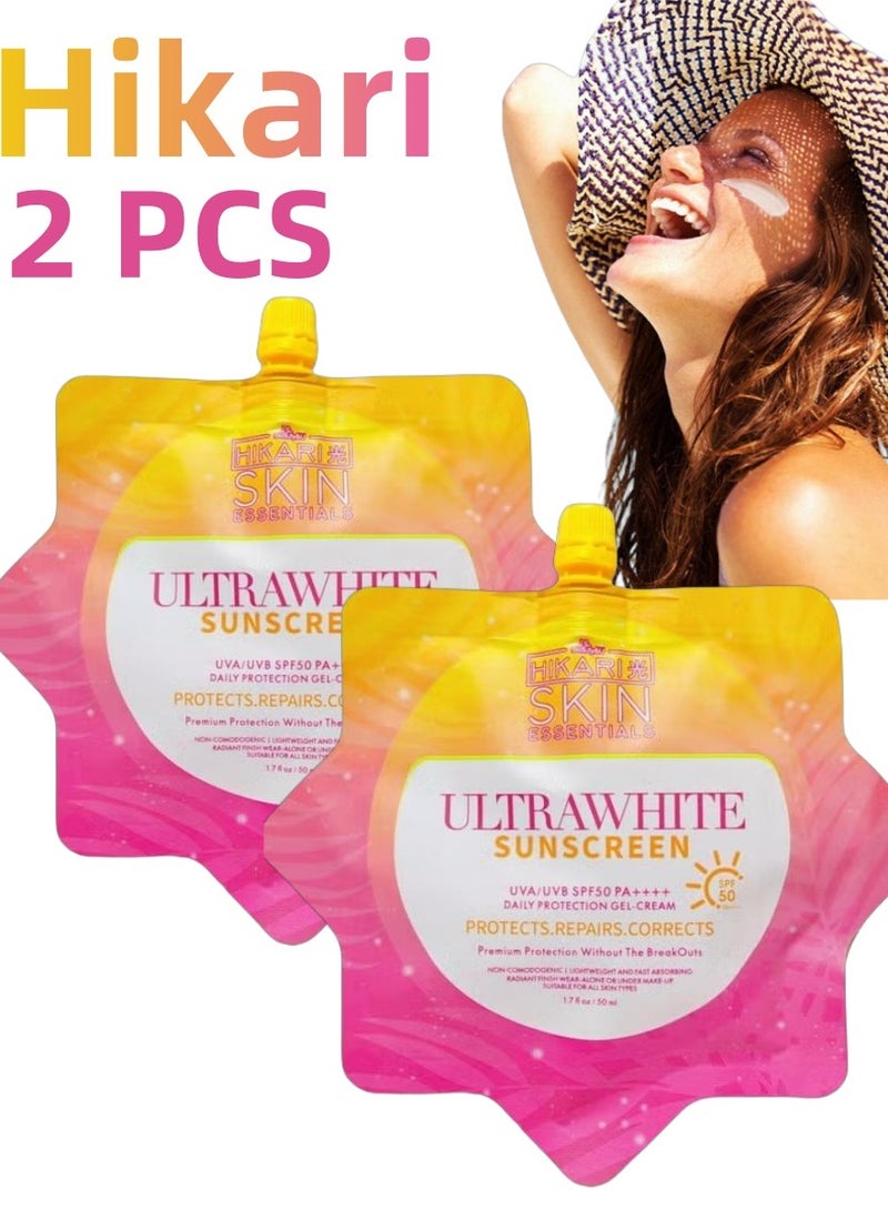 هيكاري قطعتان من واقي الشمس هيكاري سكين إسينشالز ألترا وايت - تبييض وحماية من الشمس 2 في 1، عامل حماية من الشمس 50، تركيبة خفيفة الوزن للغاية، جل مرطب، سريع الامتصاص، مقاوم للماء، 50 مل/العلبة - Image 1